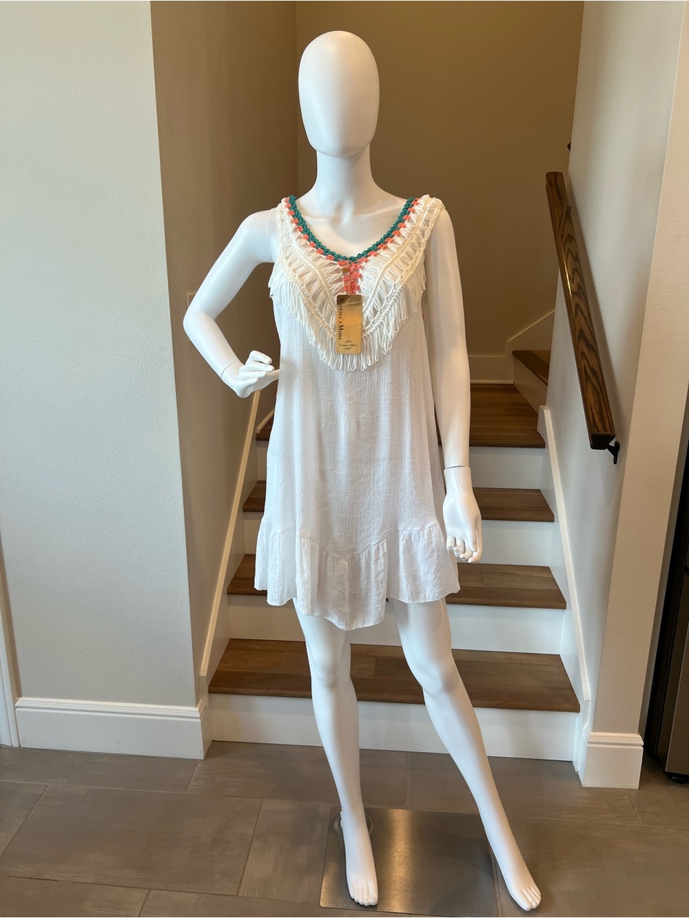 New Vanessa's Moda White Crochet Fringe Tunic with Turquoise & Coral Trim